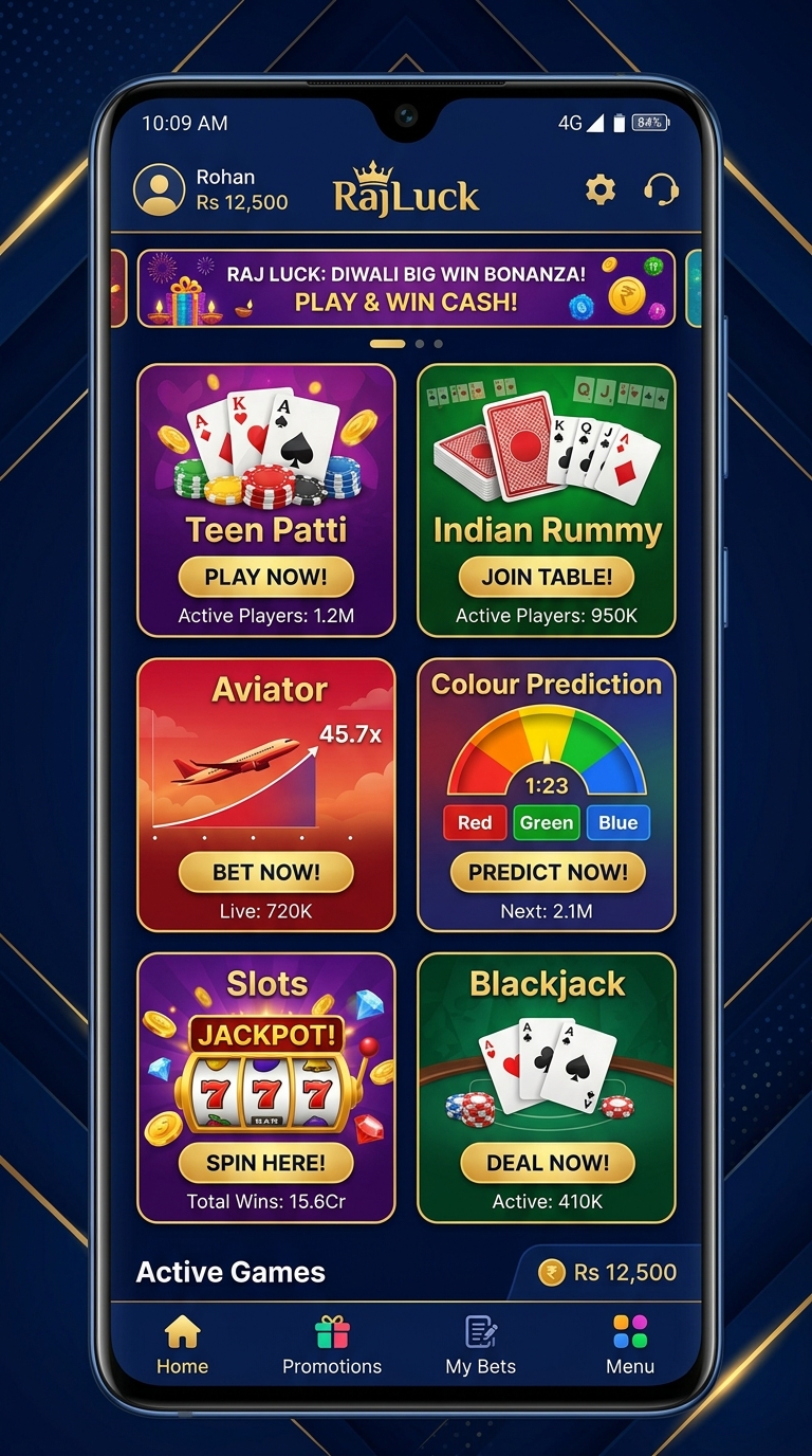 RajLuck Game selection including Rummy and Teen Patti