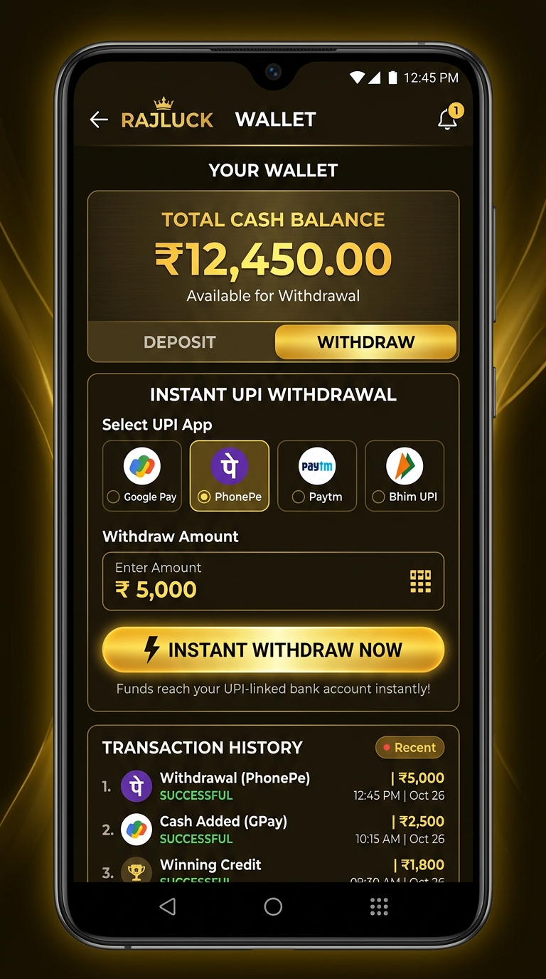 RajLuck fast UPI withdrawal and deposit screen